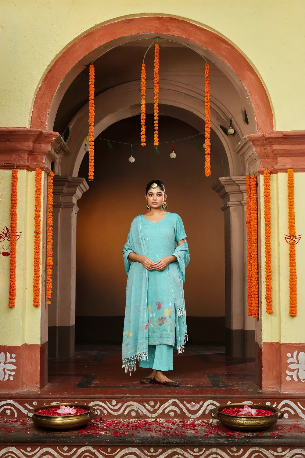Elegant Green Pure Cotton Jamdani Kurta Set with Dupatta for Festive Wear