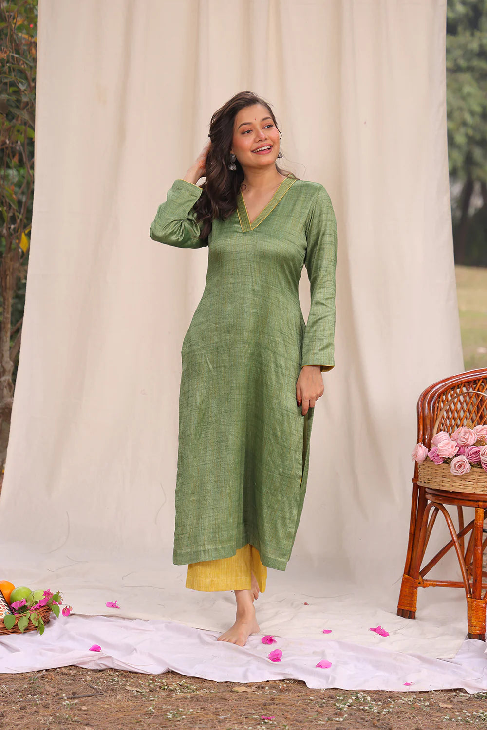 Elegant Green and Yellow Khadi Cotton Co-ord Set for Festive Wear