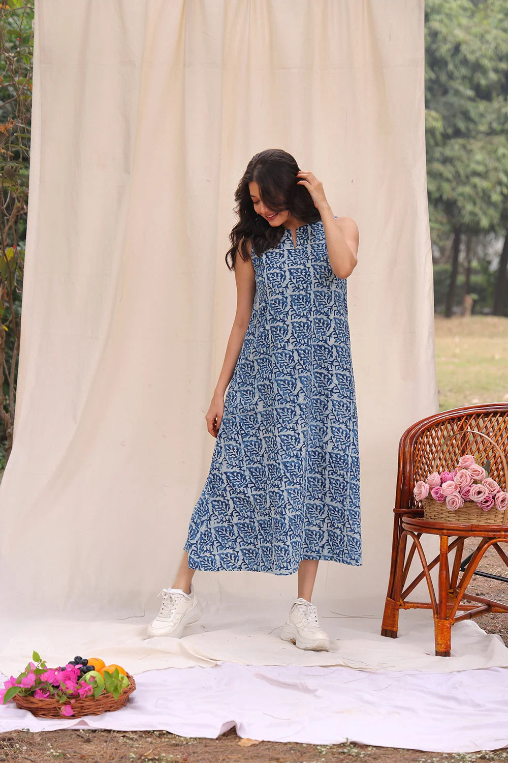 Elegant Indigo Leaf Block Print Cotton Dress for Festive and Ethnic Wear