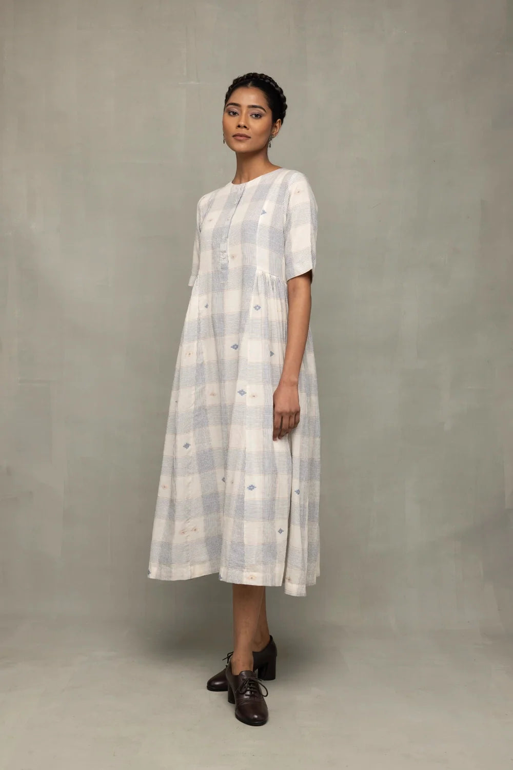 Ivory & Blue Checkered Jamdani Dress-Sutra Art of Clothing
