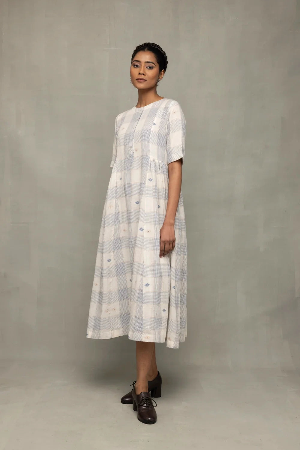 Elegant Ivory and Blue Checkered Jamdani Dress for Festive Wear