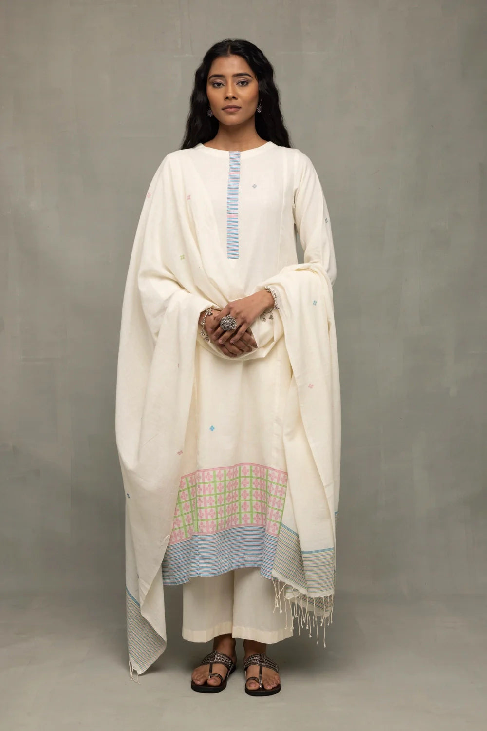 Elegant Ivory Jamdani Kurta Set with Stripes Dupatta for Festive Wear