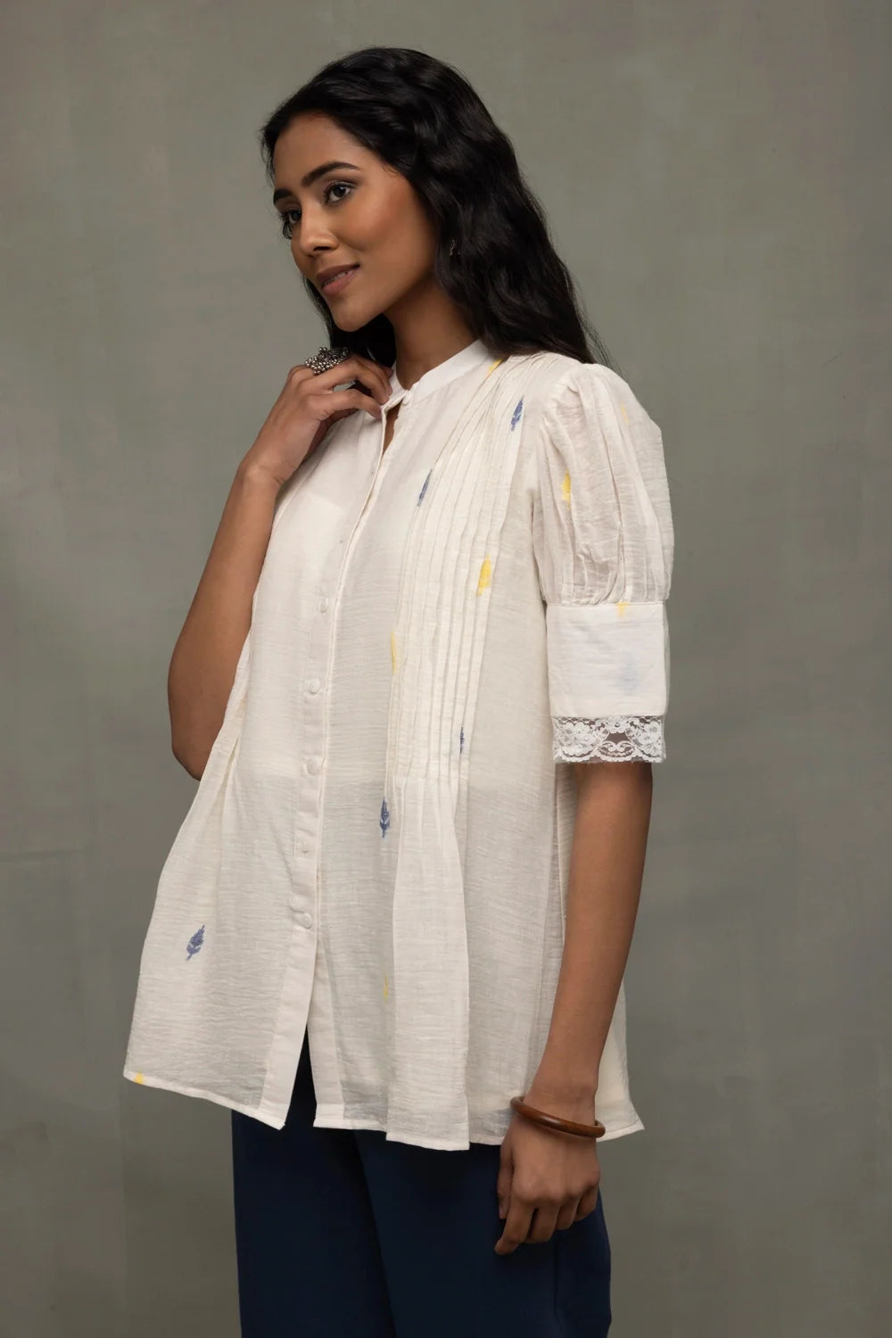 Ivory Pleated Jamdani Puff Sleeve Shirt Top-Sutra Art of Clothing