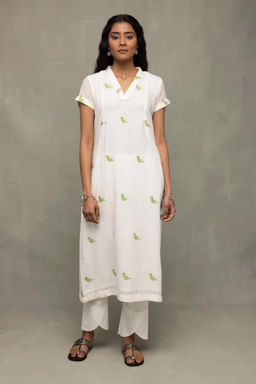 Elegant Ivory Sage Green Jamdani Kurta Set with Bird Motifs for Festive Wear