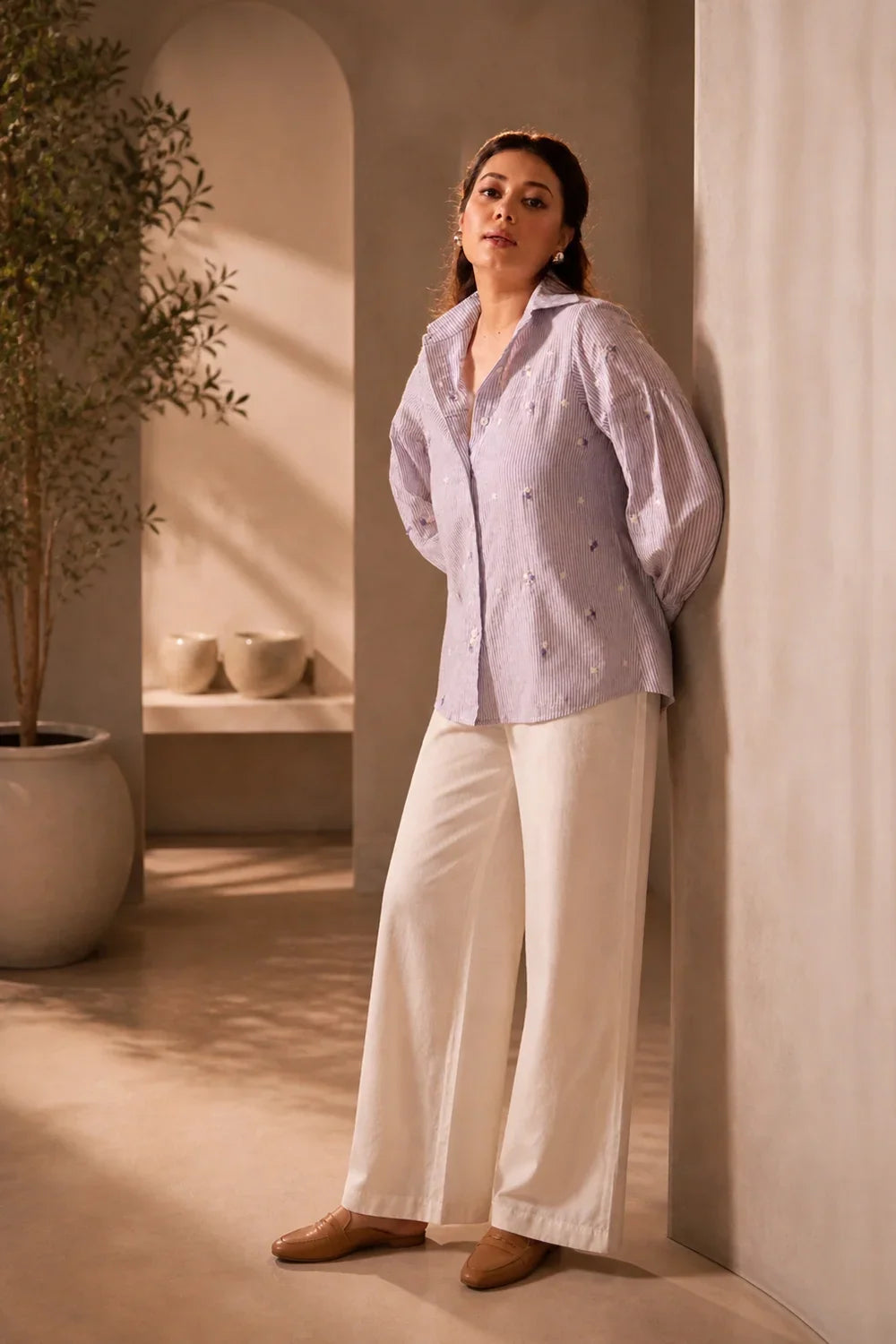 Lavender Pure Cotton Embroidered Shirt-Sutra Art of Clothing
