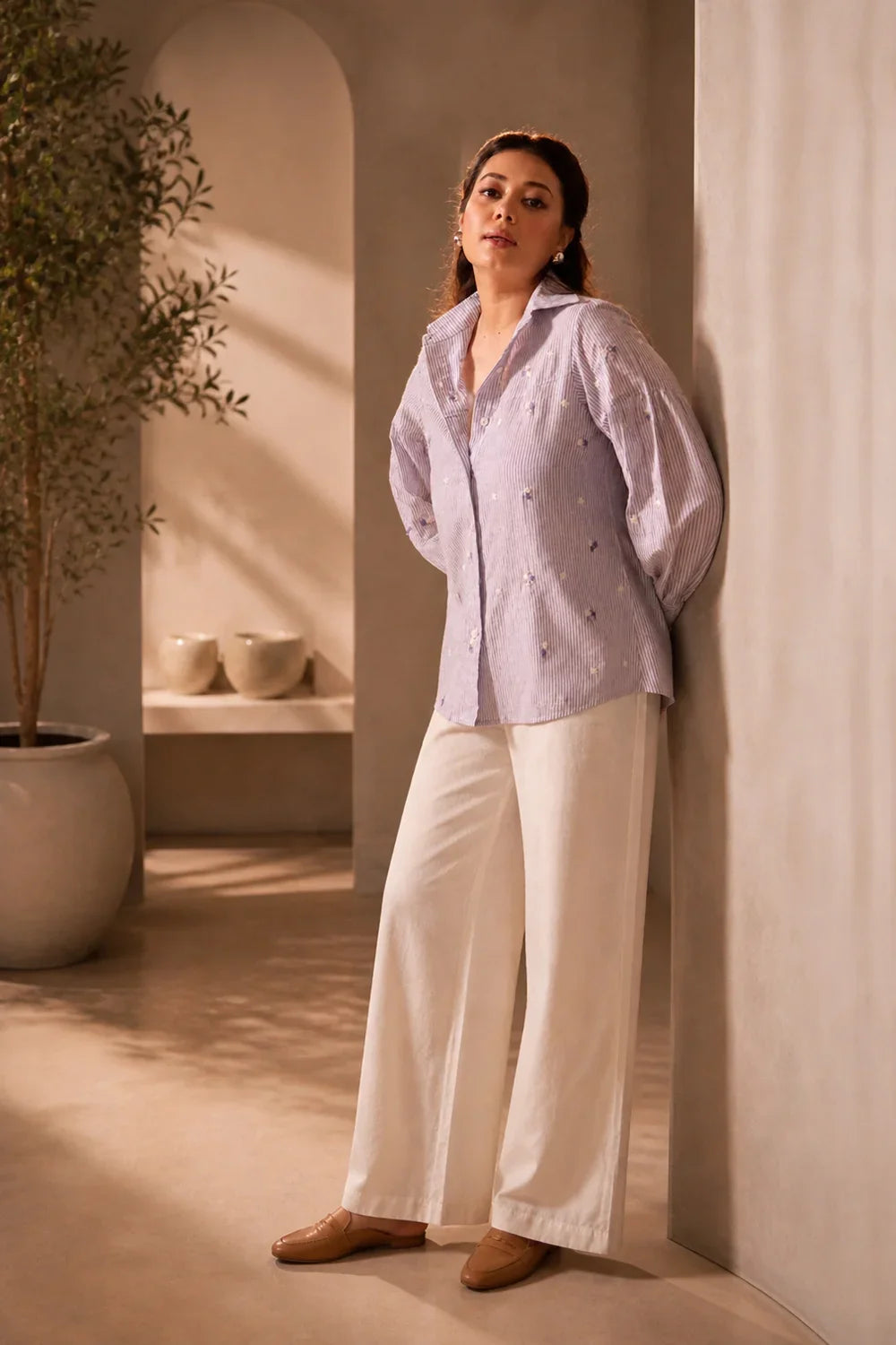 Elegant Lavender Embroidered Cotton Shirt for Festive and Office Wear