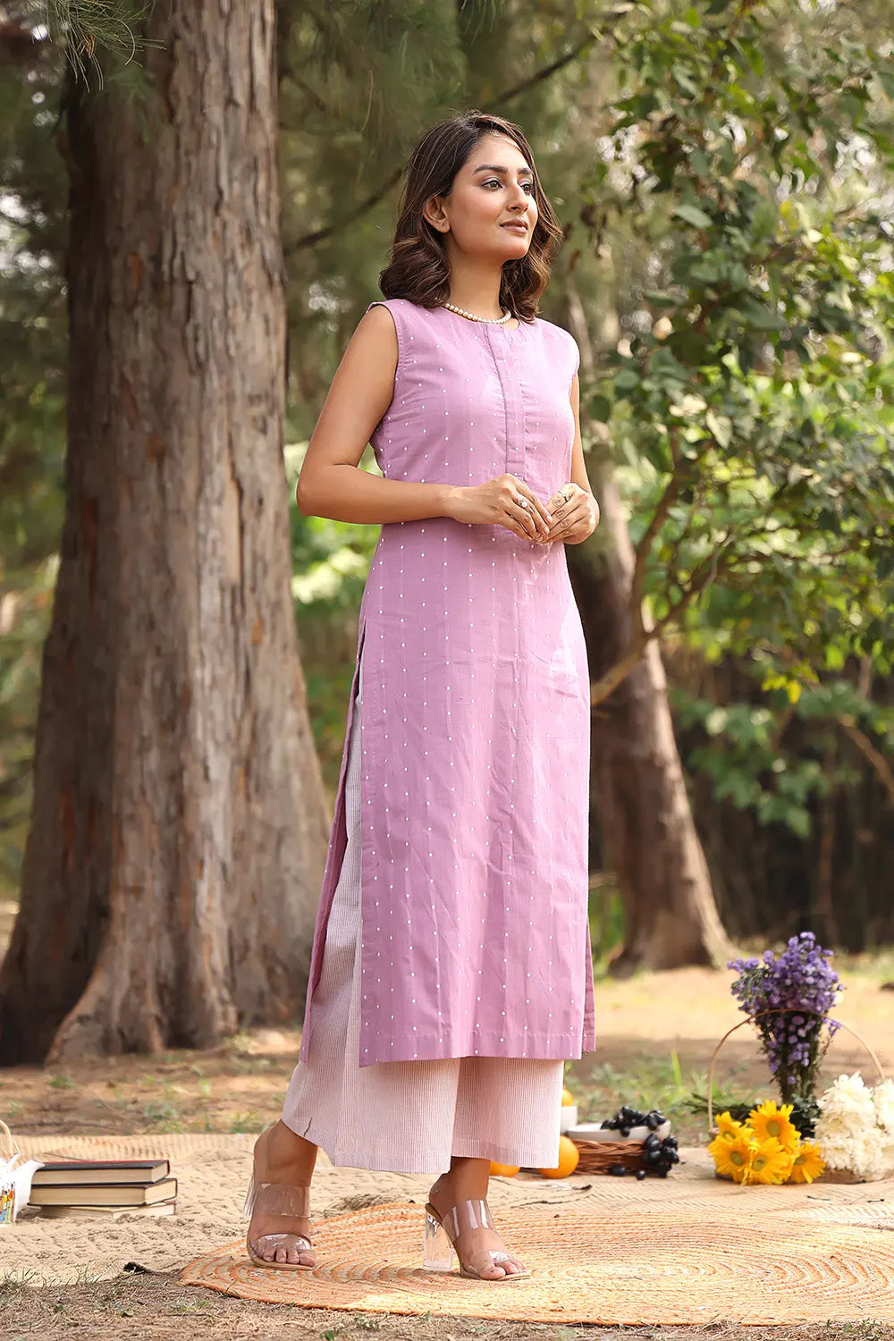 Elegant Lavender White Polka Dots Cotton Kurta Set for Festive Wear