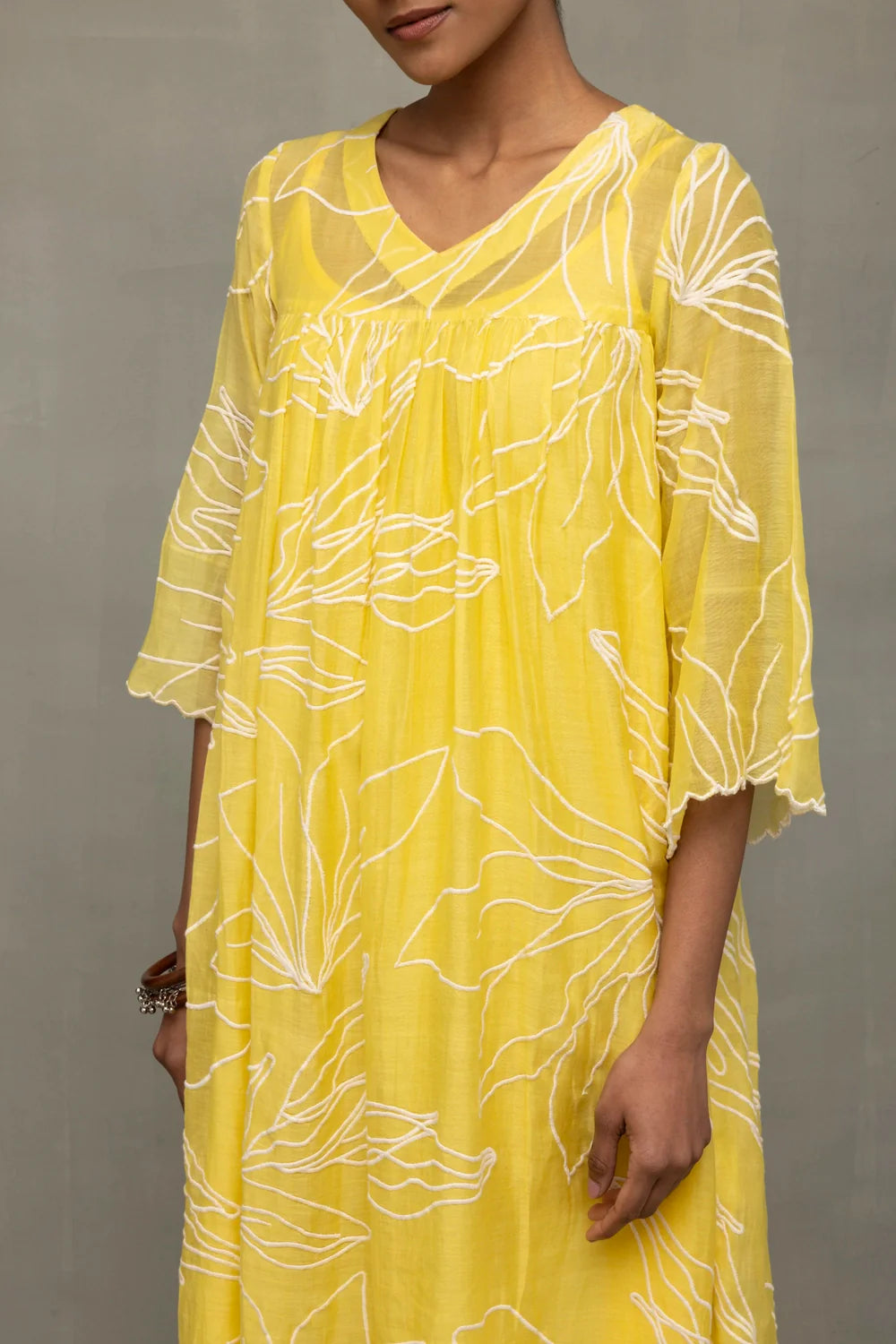 Elegant Lemon Light Mul Chanderi Embroidered Dress for Ethnic Wear