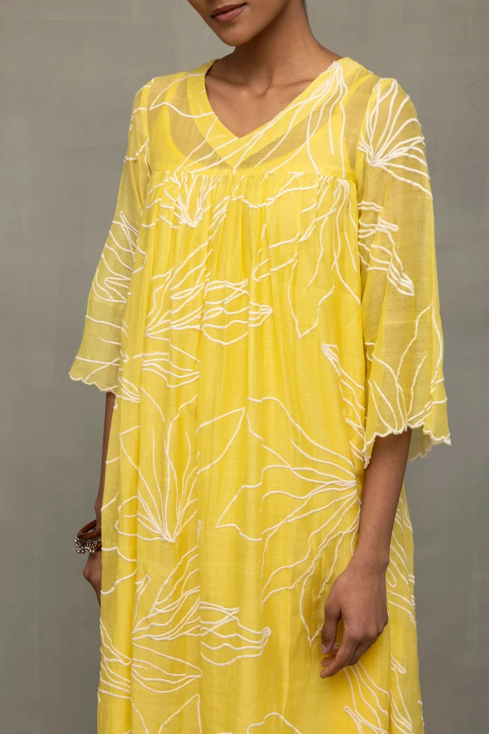 Elegant Lemon Light Mul Chanderi Embroidered Dress for Ethnic Wear