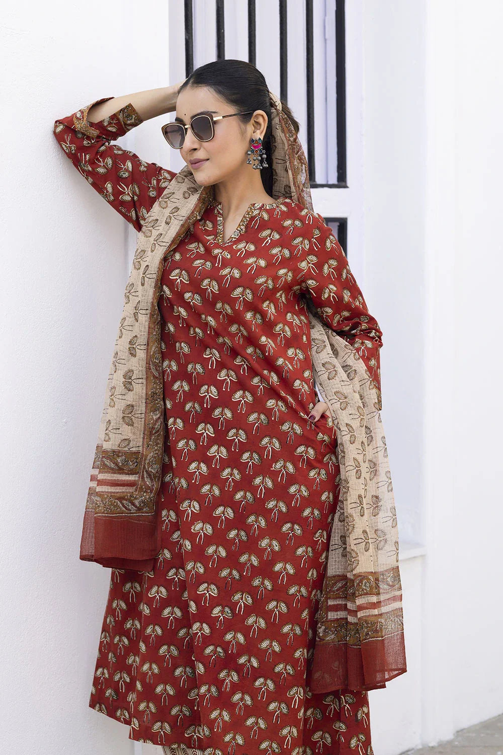 Elegant Maroon Hand Block Print Kurta Set with Dupatta for Festive Wear