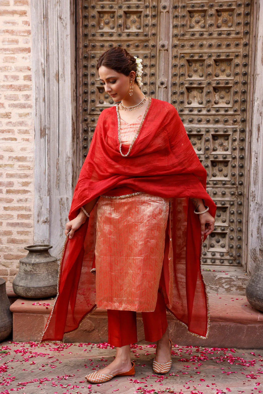 Elegant Metallic Orange Banarasi Silk Kurta Set with Dupatta for Festive Wear