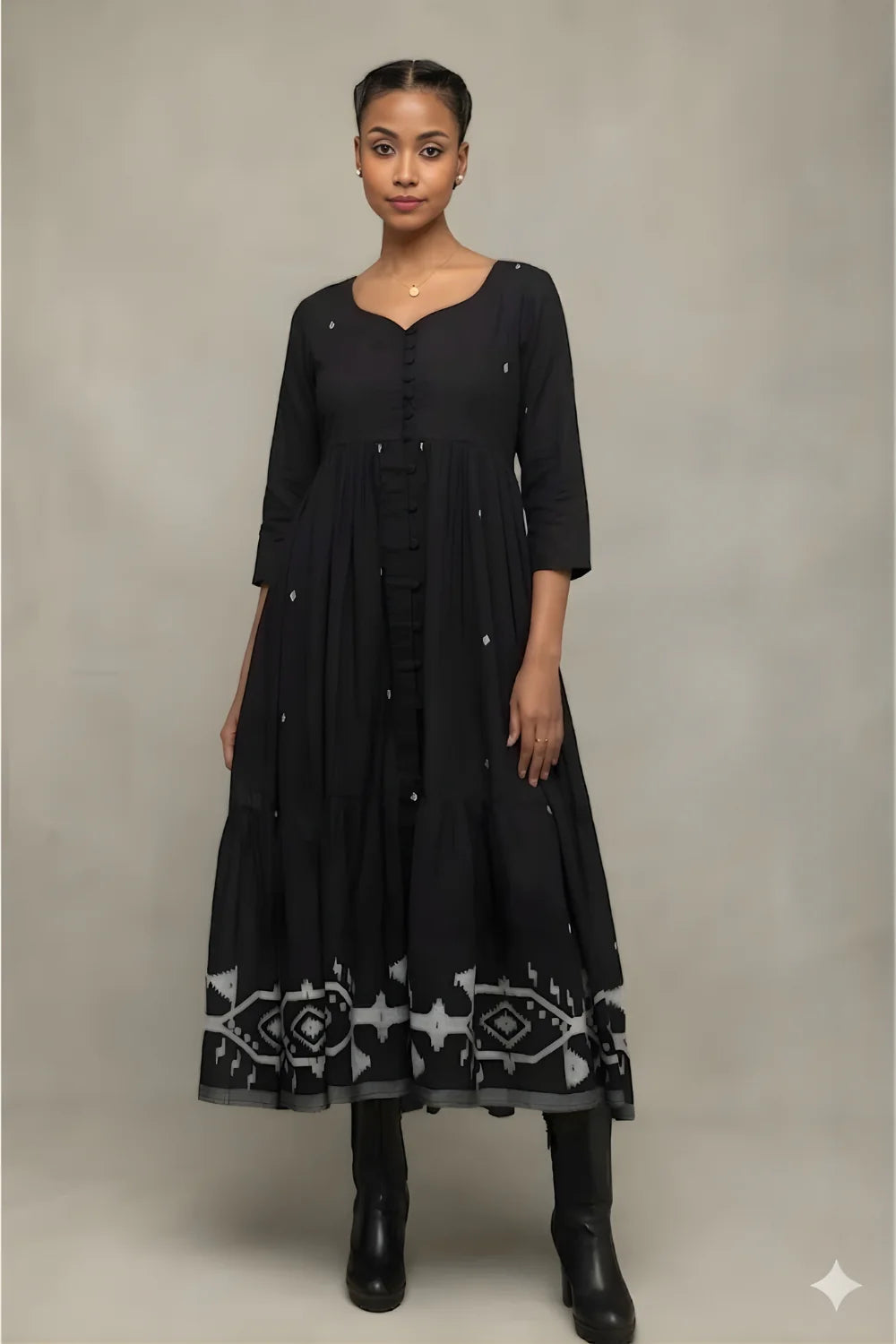 Elegant Midnight Black Jamdani Tiered Midi Dress for Festive Wear