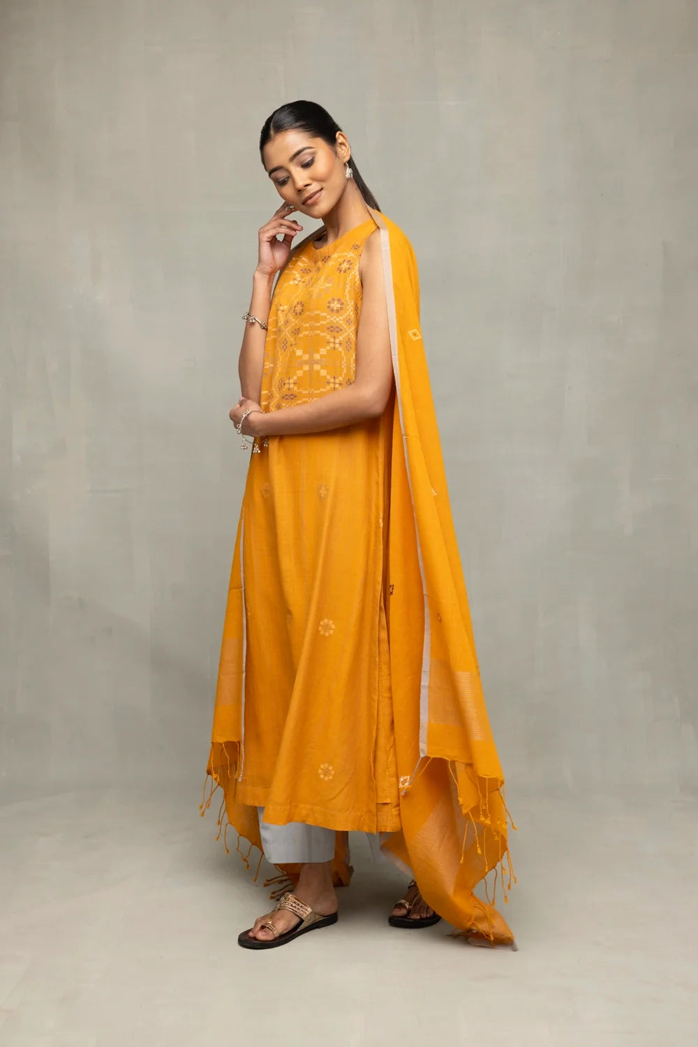 Elegant Mustard Moonlight Jamdani Kurta Set with Dupatta for Festive Wear