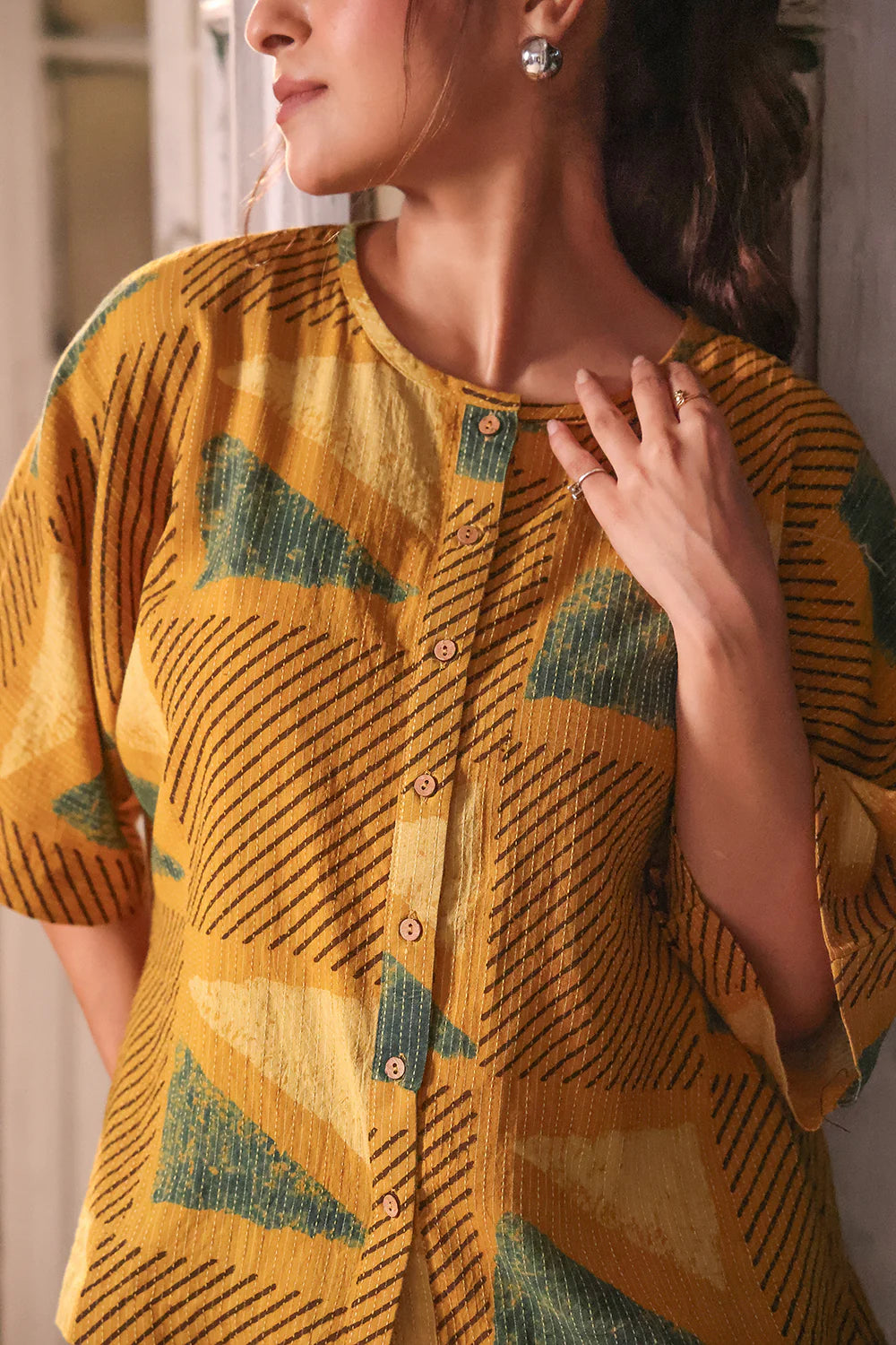 Mustard Yellow Cotton Ajrakh Shirt-Sutra Art of Clothing