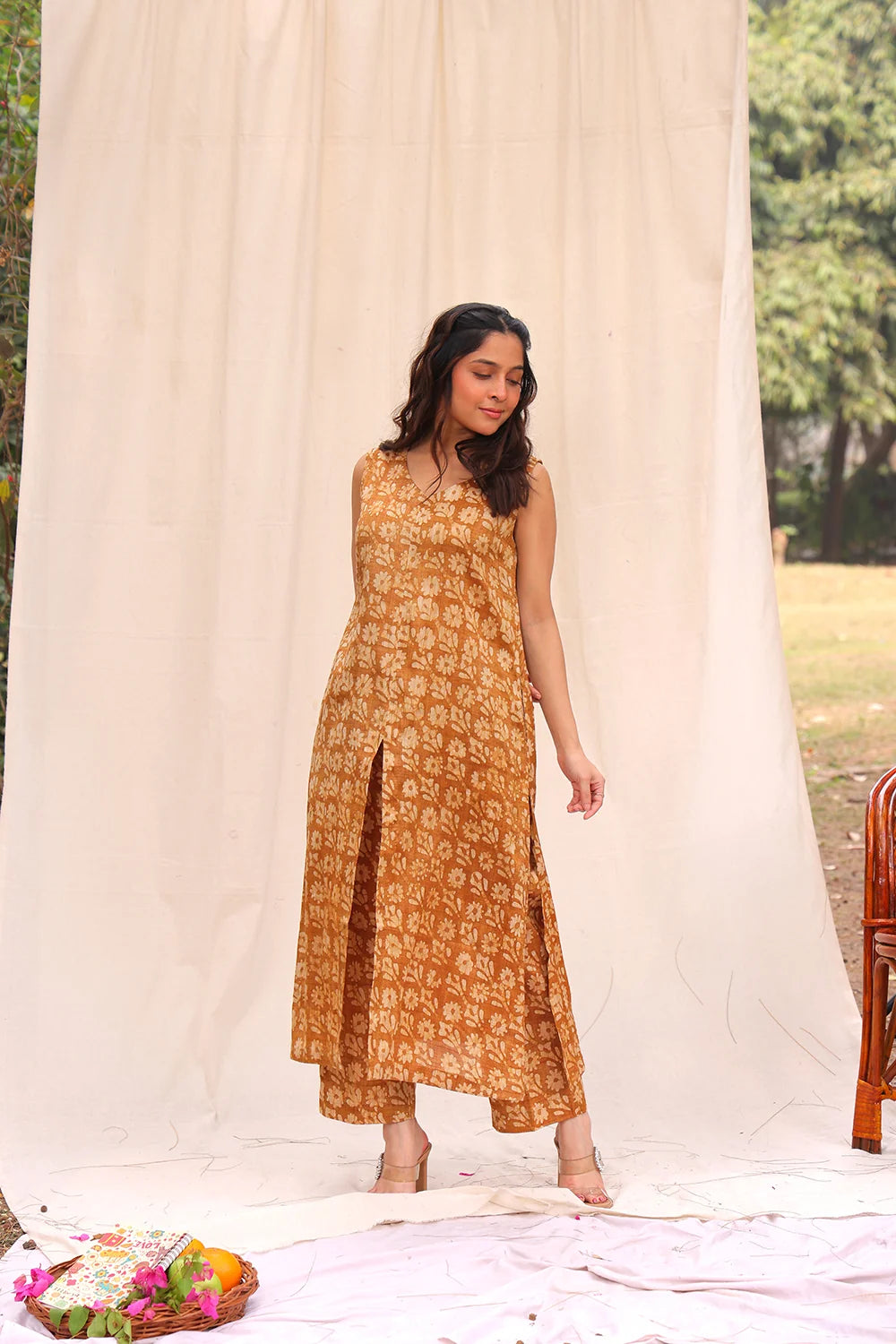 Elegant Mustard Yellow Hand Batik Khadi Cotton Co-ord Set for Festive Wear