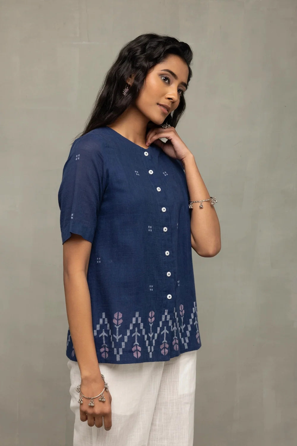 Elegant Ocean Blue Jamdani Handwoven Top for Festive and Ethnic Wear
