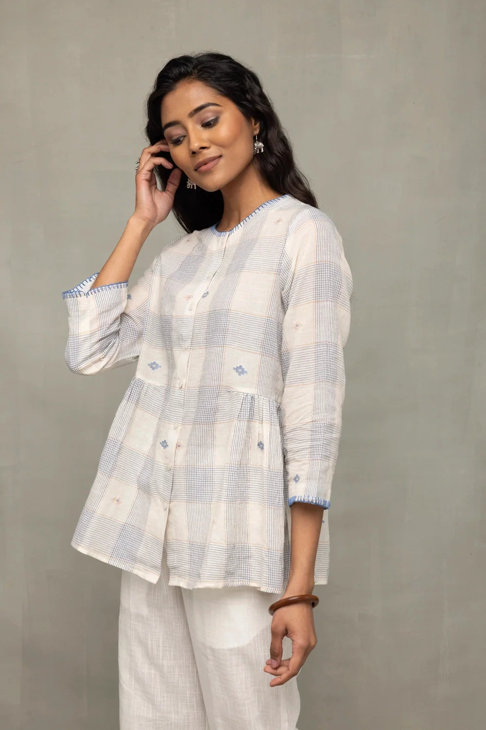 Off-White & Blue Check Jamdani Top with Zari Motifs-Sutra Art of Clothing