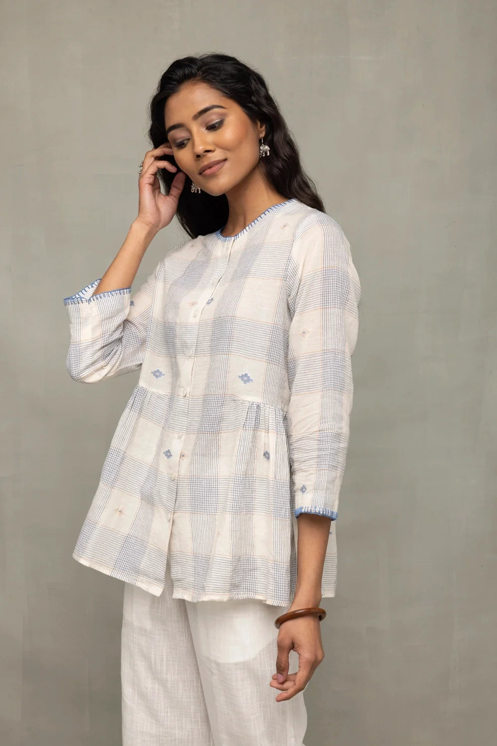 Elegant Off White Blue Check Jamdani Top with Zari Motifs for Festive Wear