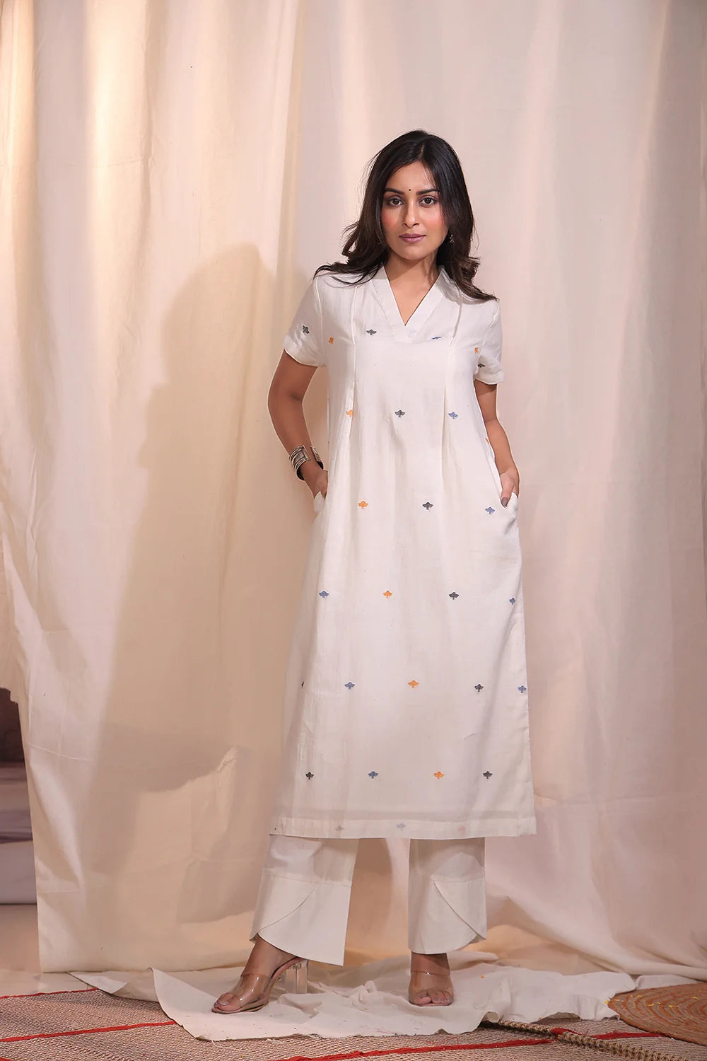 Elegant Off White Jamdani Birds Kurta Set for Festive Wear