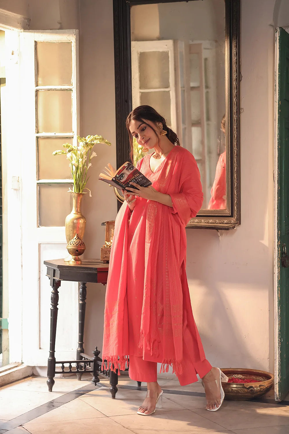 Elegant Orange South Cotton Zari Kurta Set with Dupatta for Festive Wear
