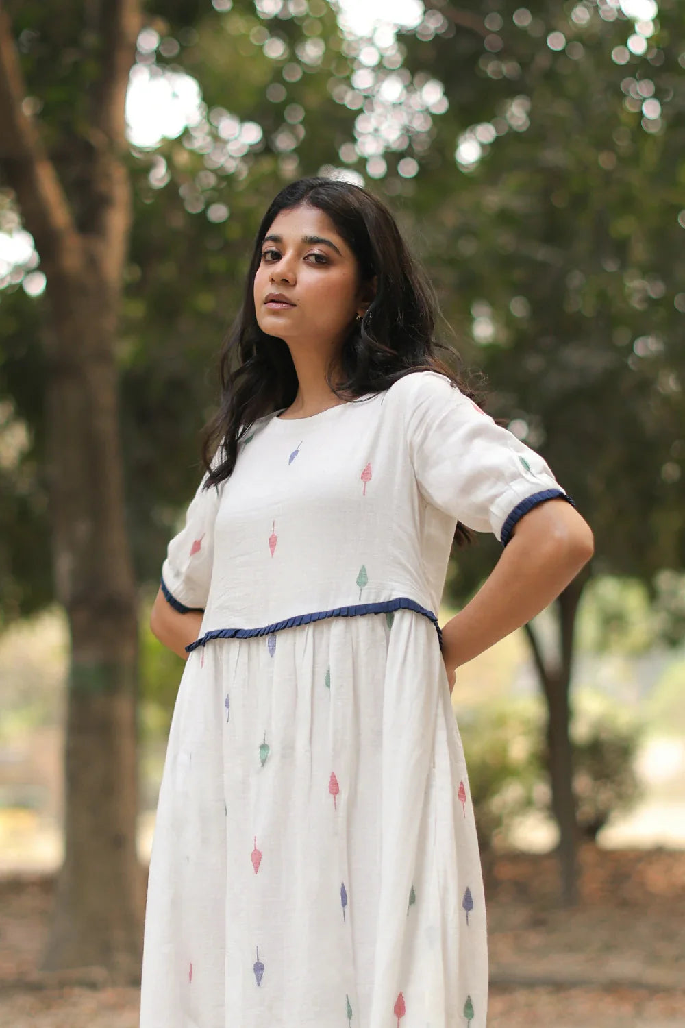 Elegant Pearl White Jamdani Cotton Dress for Festive Wear