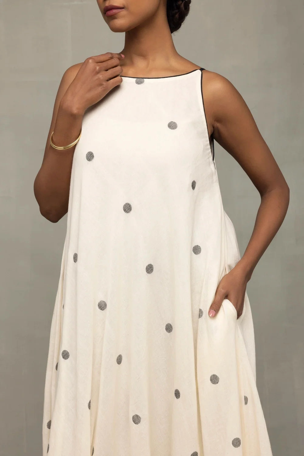 Pearl White Polka Jamdani Handwoven Trapeze Dress-Sutra Art of Clothing