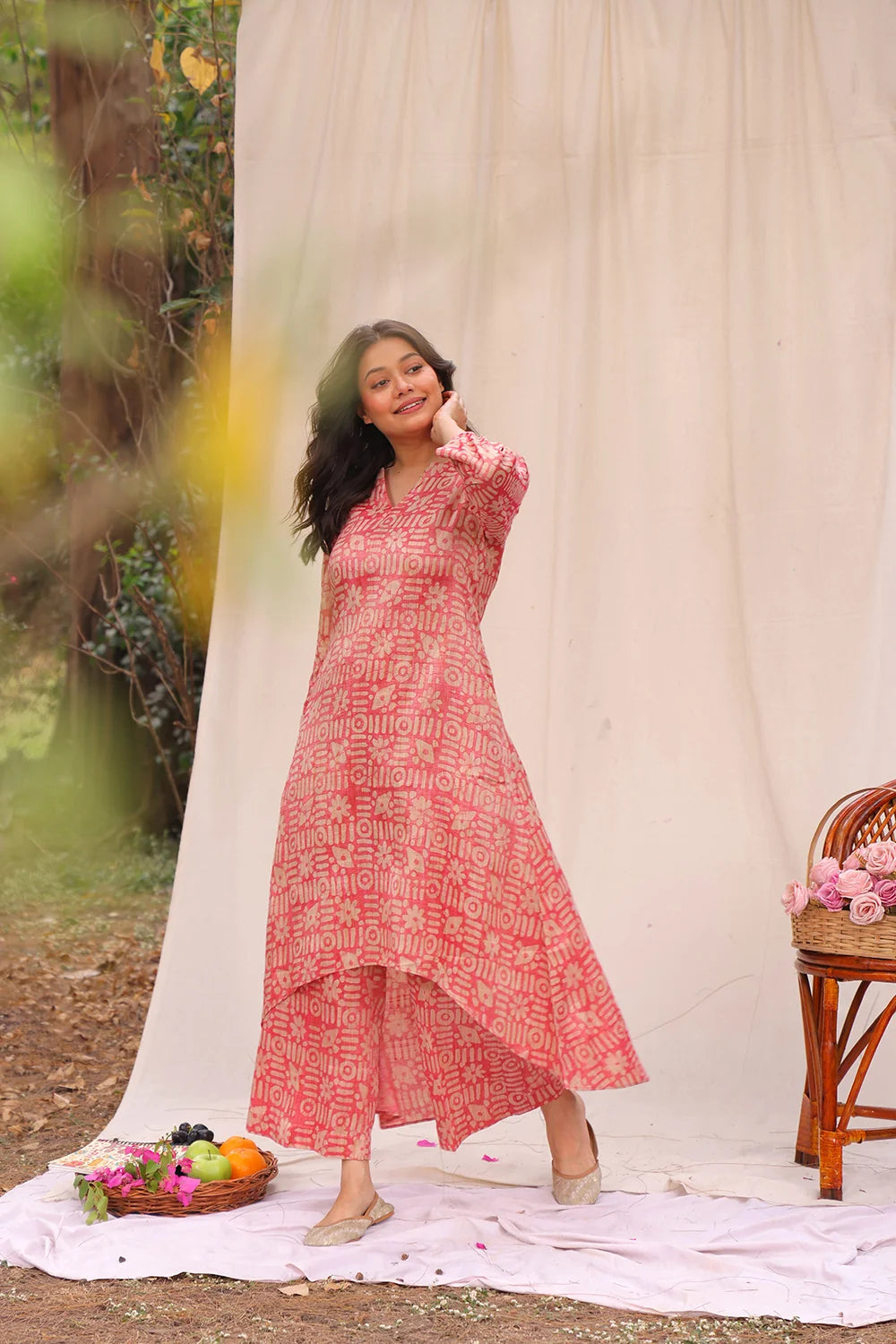 Elegant Pink Hand Batik Khadi Cotton Co-ord Set for Festive Wear