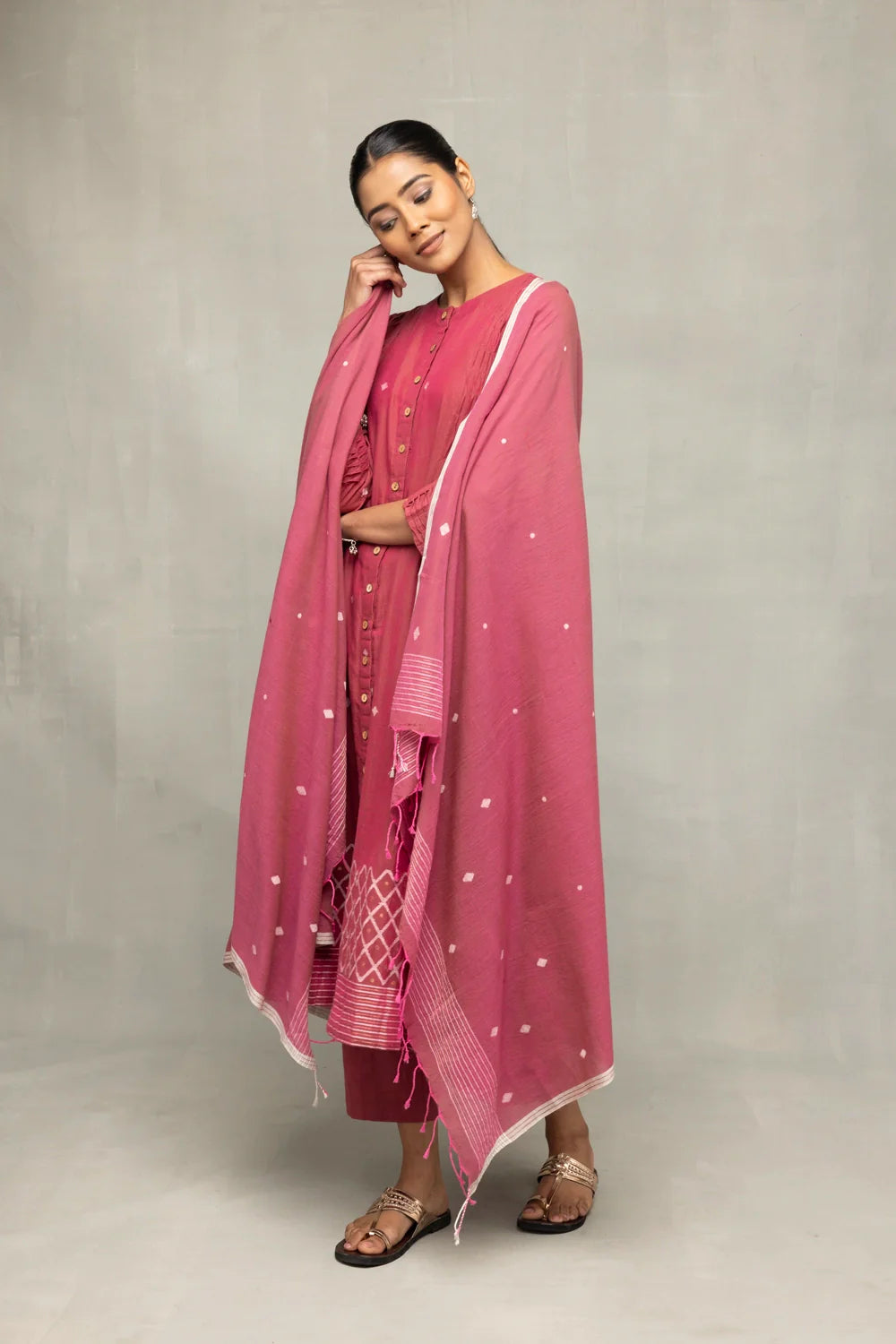 Elegant Pink Jamdani Kurta Set with Dupatta for Festive Wear
