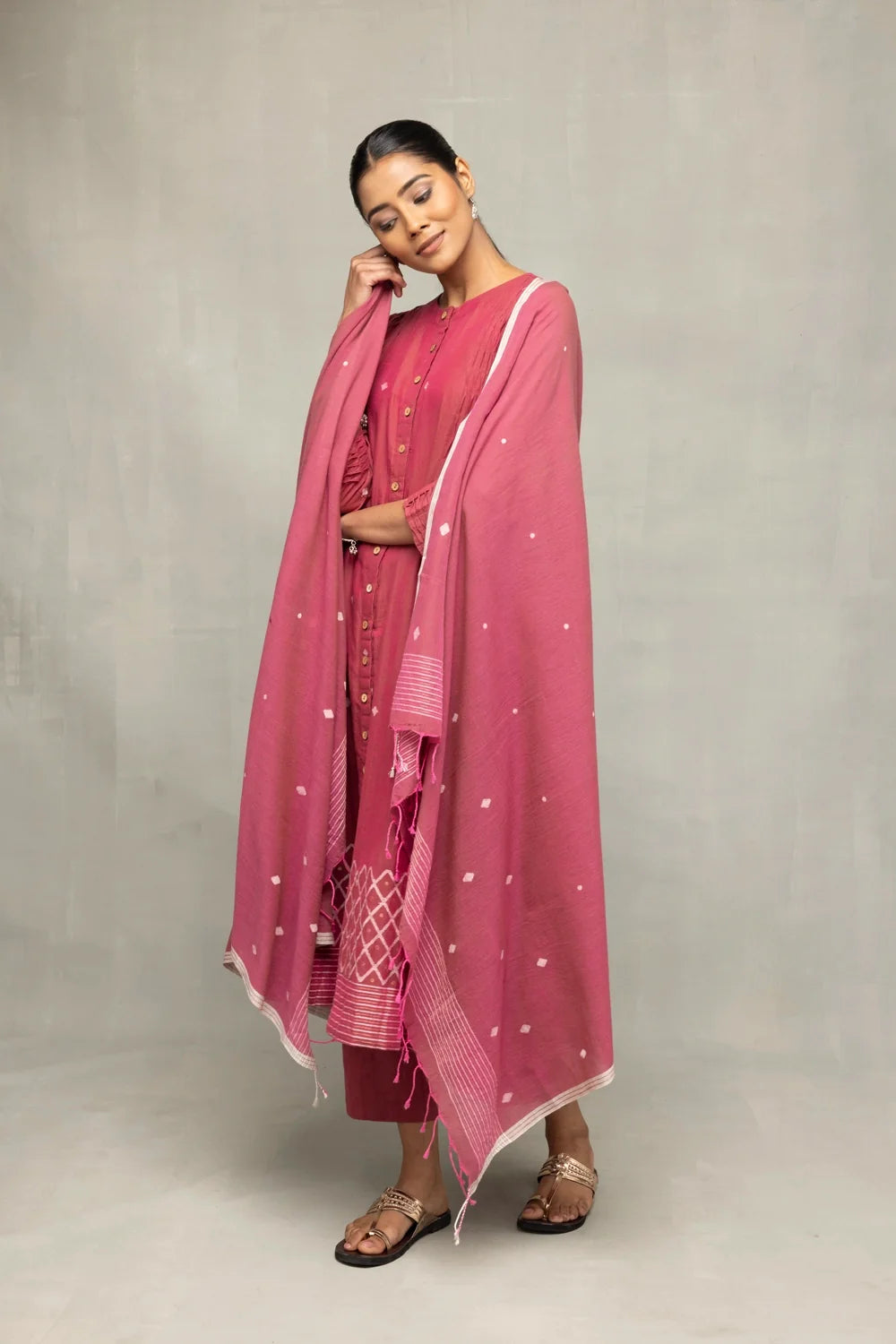 Elegant Pink Jamdani Kurta Set with Dupatta for Festive Wear