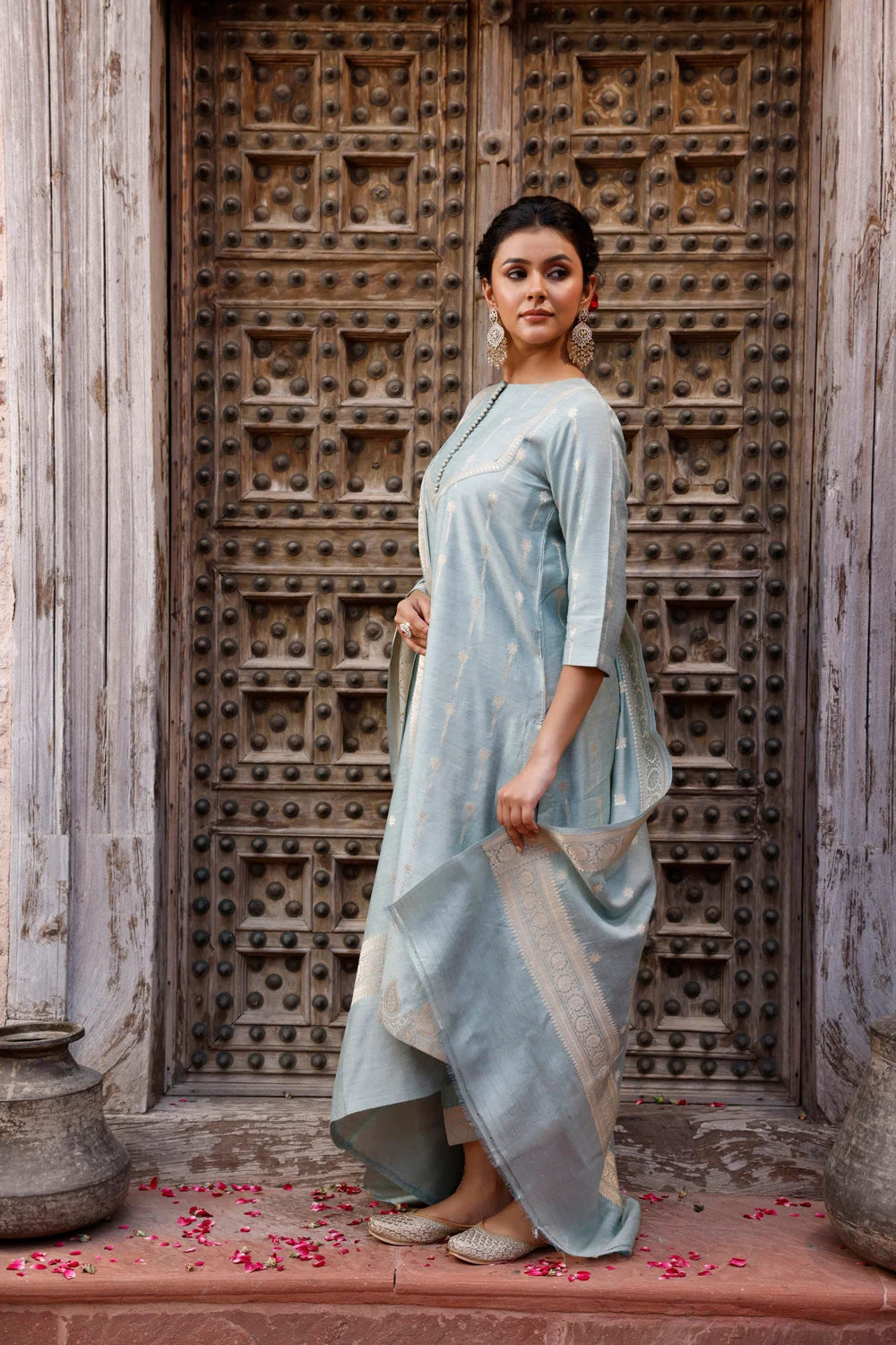 Elegant Powder Blue Banarasi Silk Kurta Set with Dupatta for Festive Wear