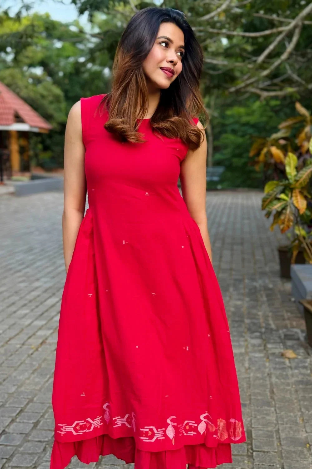 Radiance Red Layered Jamdani Dress-Sutra Art of Clothing