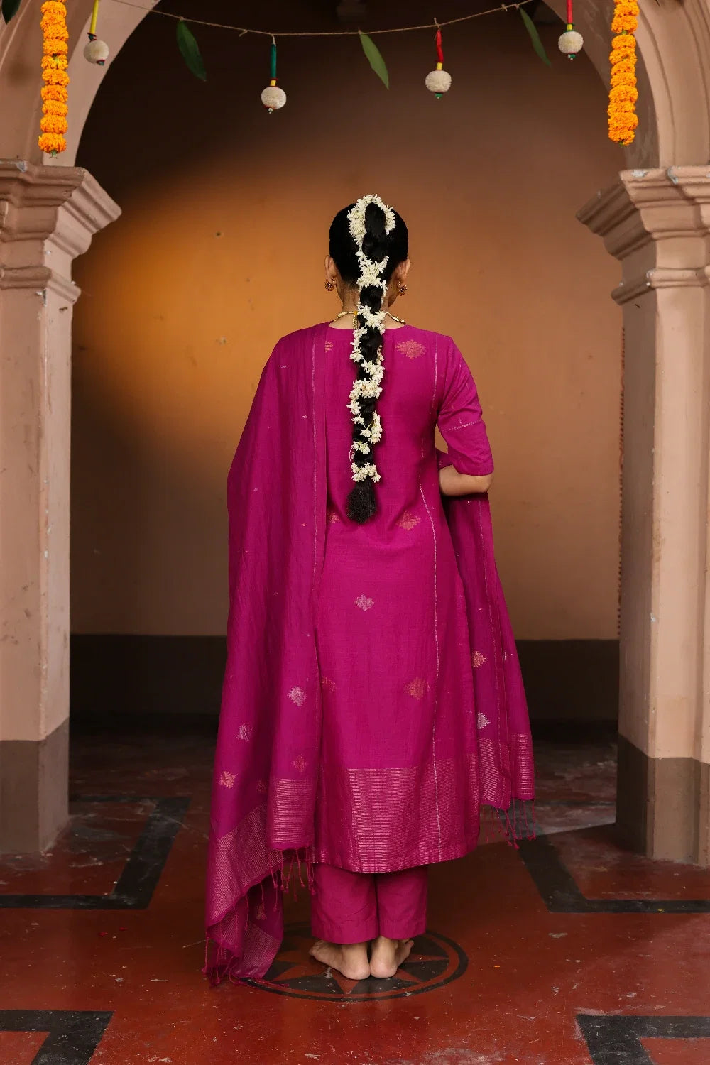 Elegant Rani Pink Pure Cotton Zari Jamdani Kurta Set with Dupatta for Festive Wear