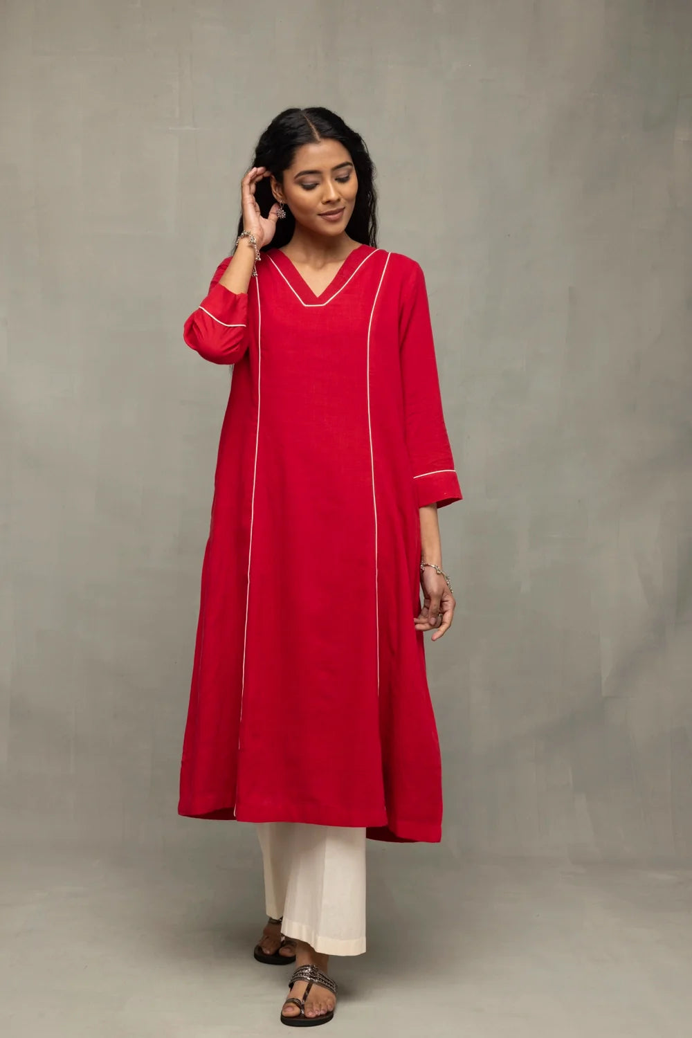 Elegant Red and White Jamdani Pujo Kurta Set with Dupatta for Festive Wear