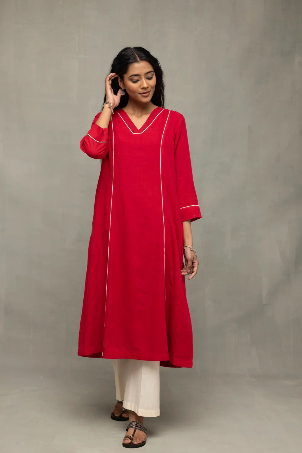 Elegant Red and White Jamdani Pujo Kurta Set with Dupatta for Festive Wear