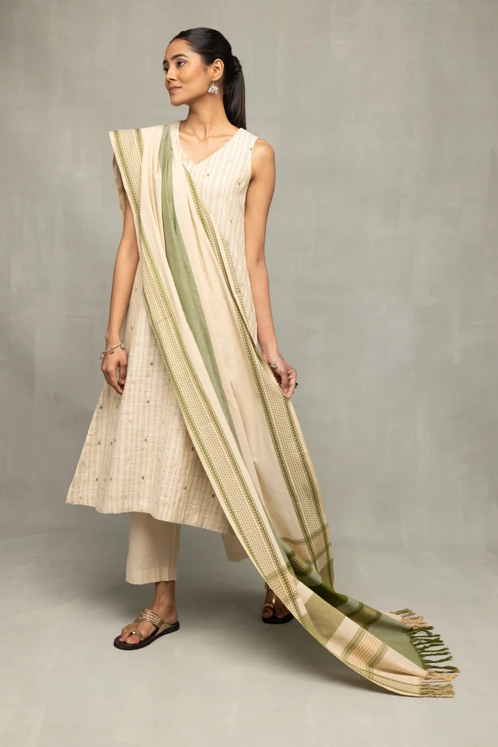 Elegant Sage Green South Cotton Zari Kurta Set with Dupatta for Festive Wear