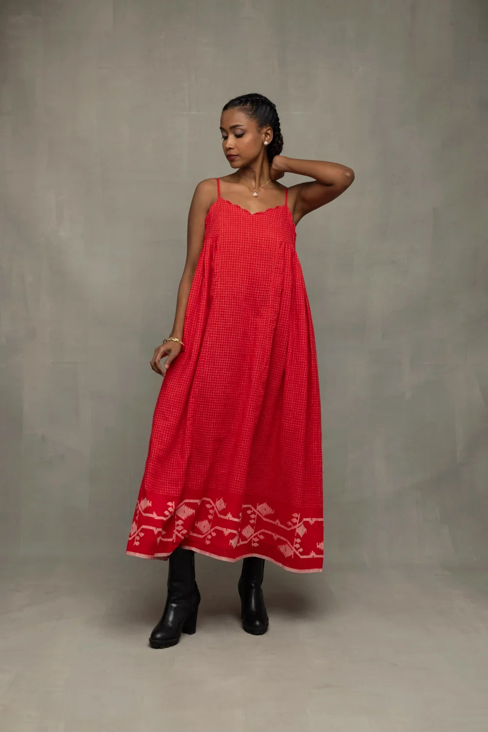 Elegant Scarlet Red Cotton Jamdani Dress for Festive Wear