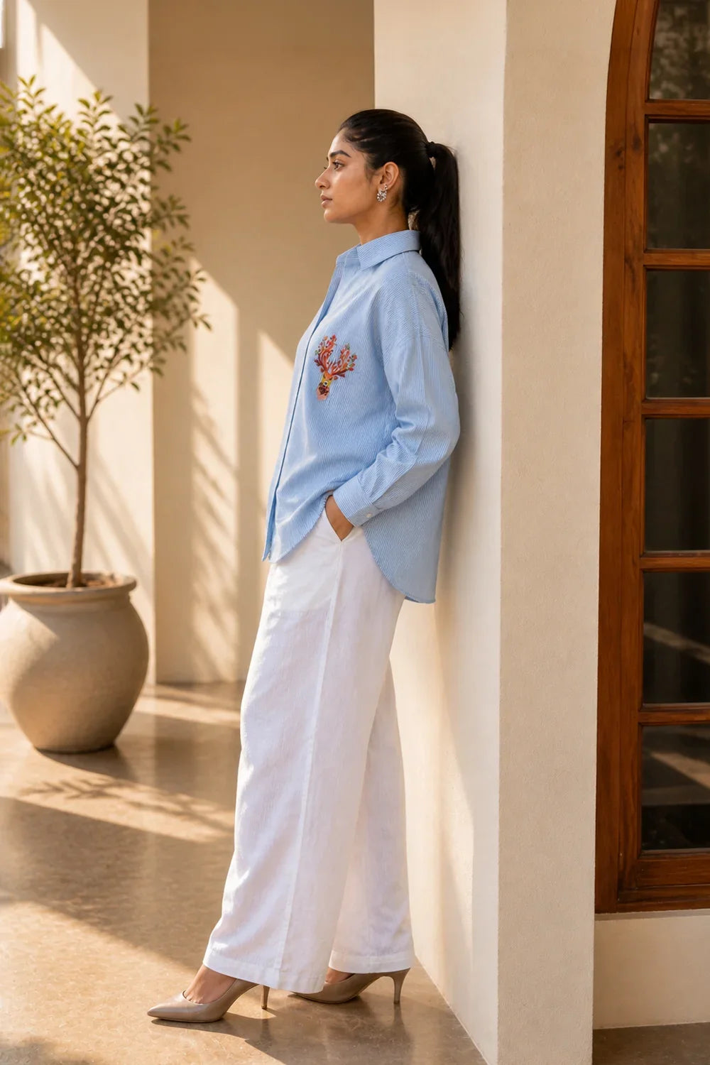 Elegant Sky Blue and White Striped Pure Cotton Shirt for Casual and Office Wear