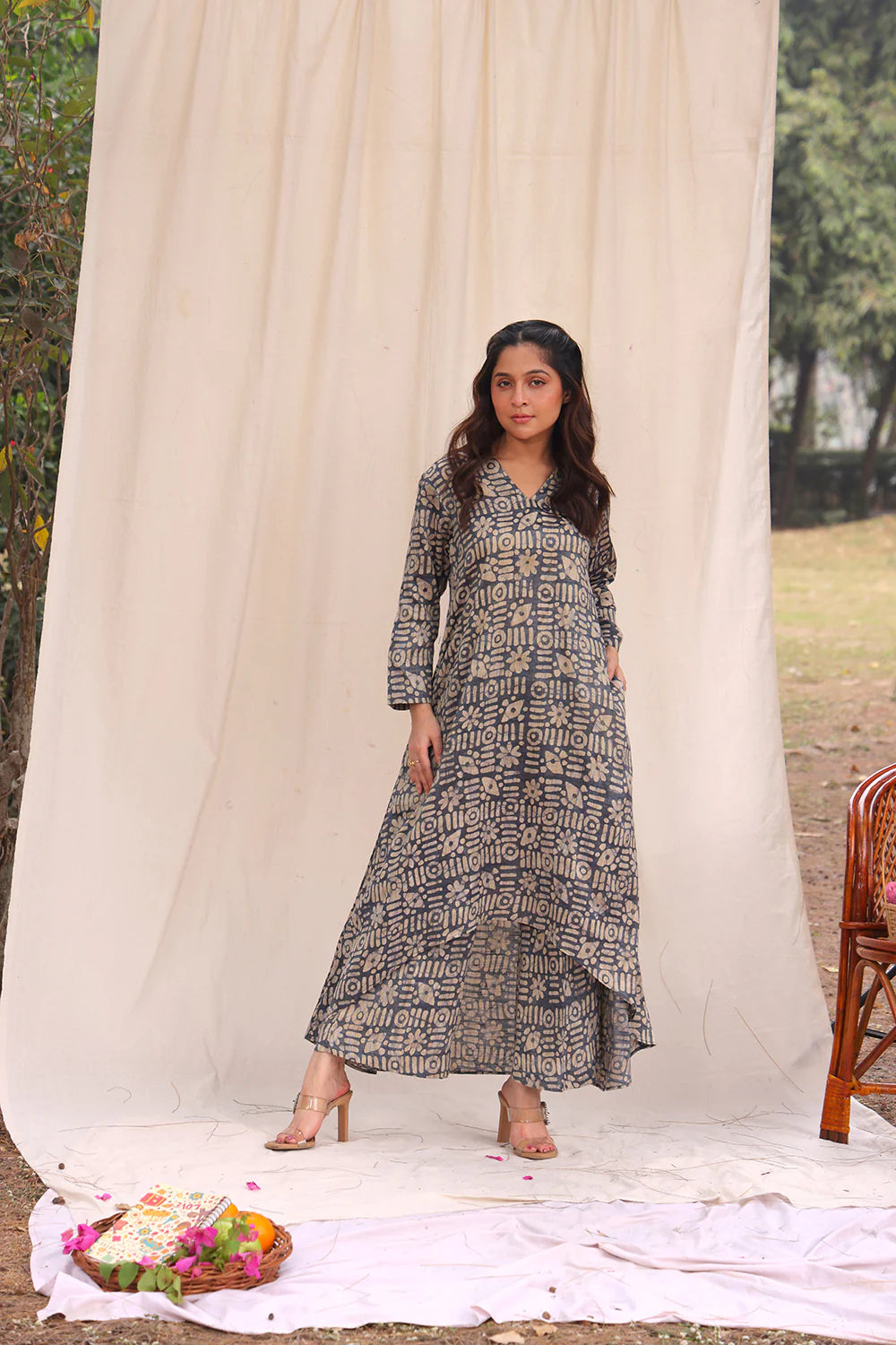 Elegant Stone Blue Hand Batik Khadi Cotton Co-ord Set for Festive and Ethnic Wear