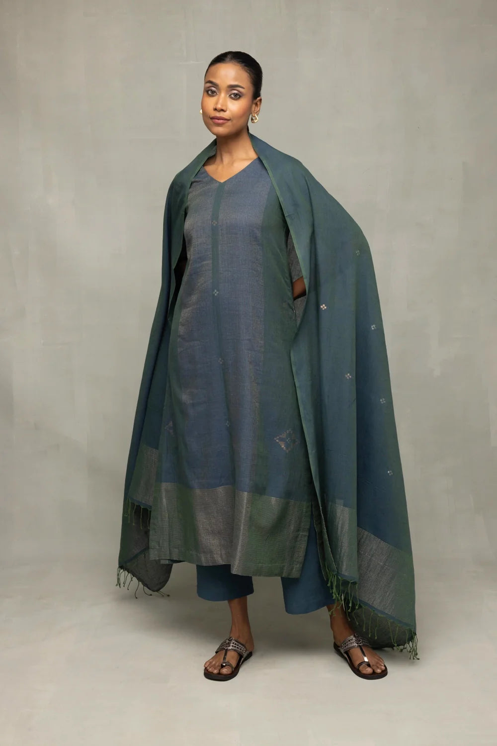 Elegant Teal Jamdani Kurta Set with Silver Zari Border for Festive Wear