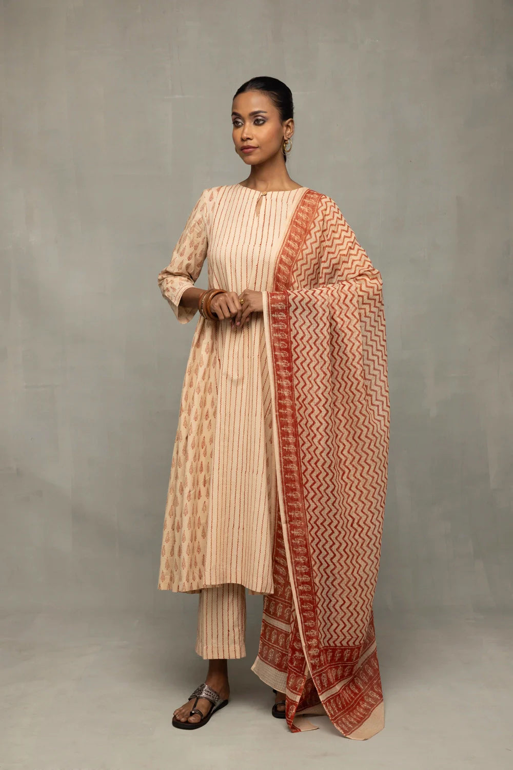 Elegant Terracotta and Cream Block Printed Kurta Set with Dupatta for Festive Wear