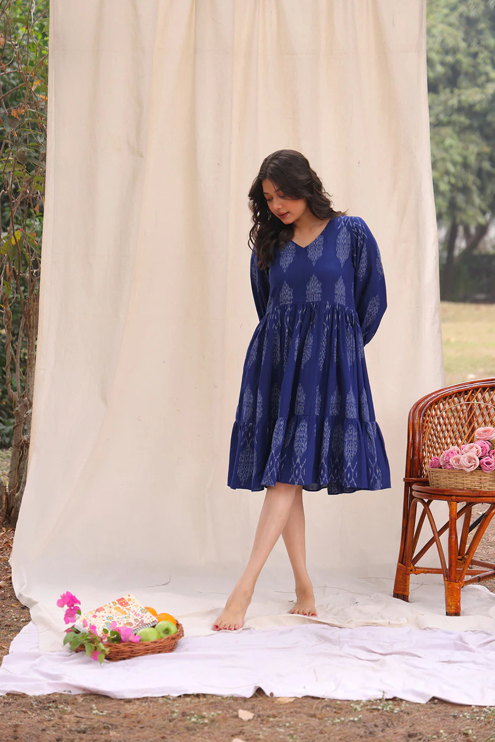 Elegant Twilight Blue Ikkat Cotton Dress for Festive Wear