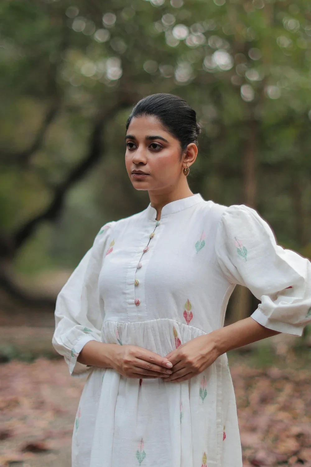 Elegant Whimsy White Cotton Jamdani Dress for Festive Wear