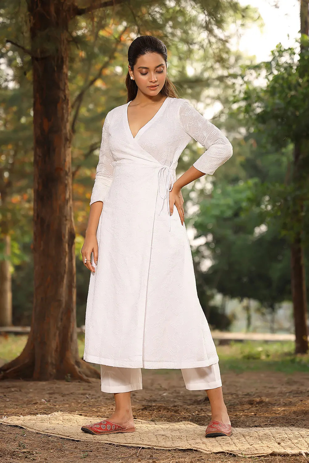 Elegant White Angrakha with Dori Tie Up Kurta Pant Set for Festive Wear