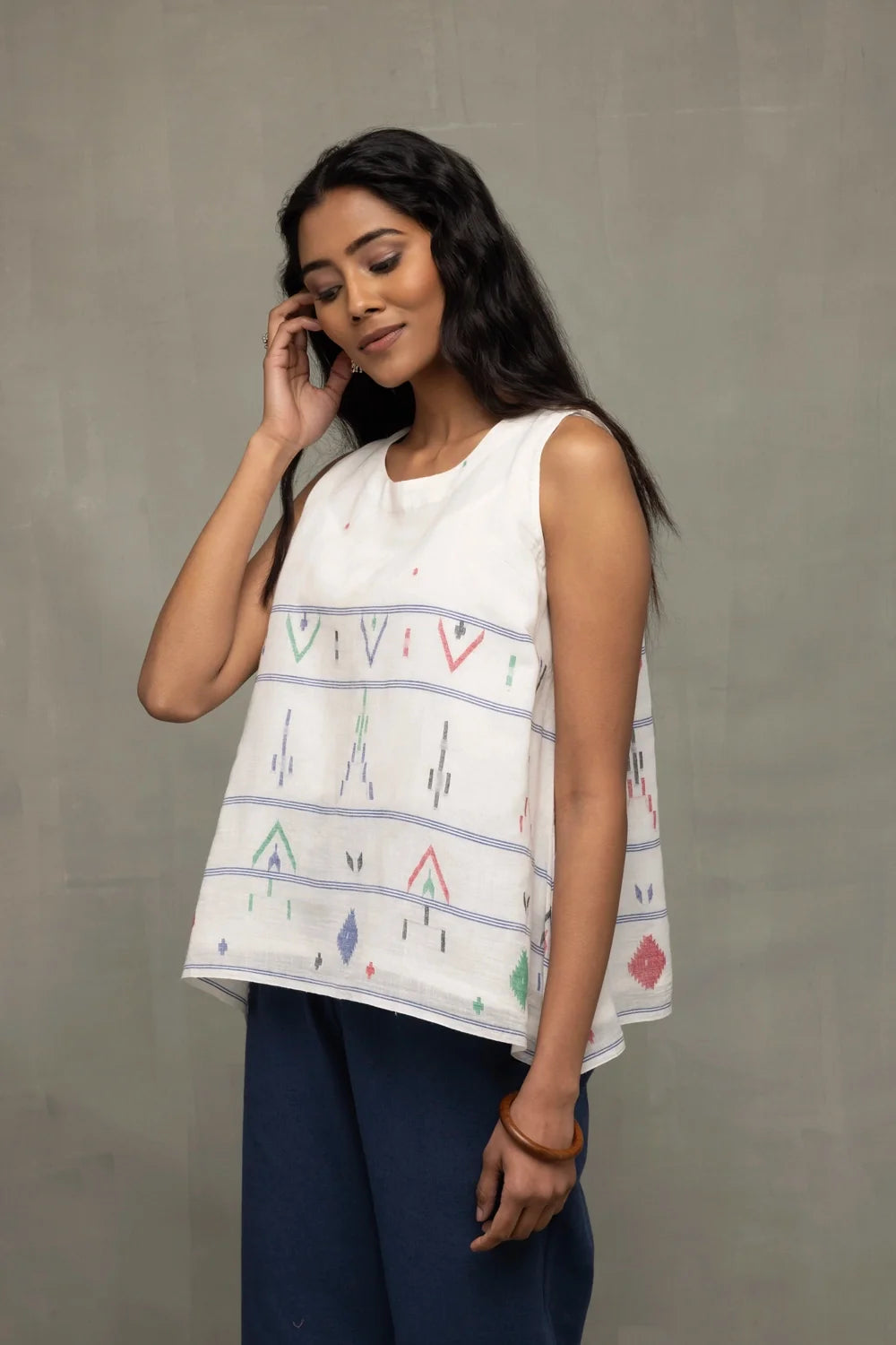 Elegant White Mist Jamdani Handwoven Top for Festive and Ethnic Wear