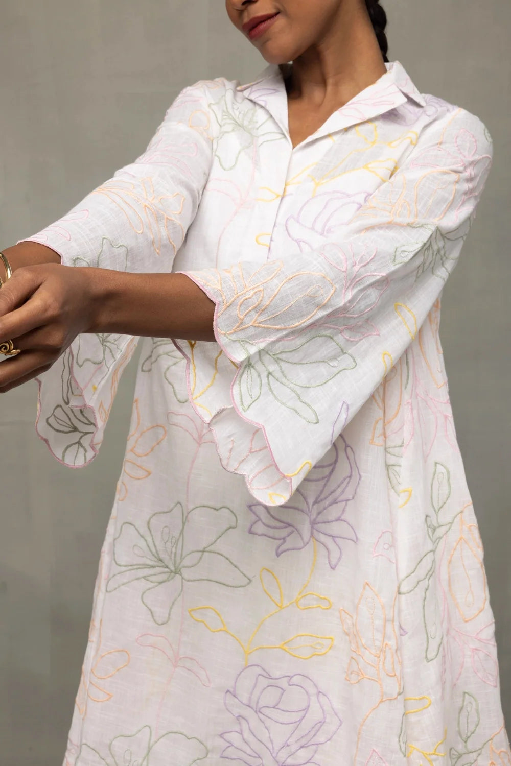White Pastel Embroidered Pure Cotton Dress-Sutra Art of Clothing