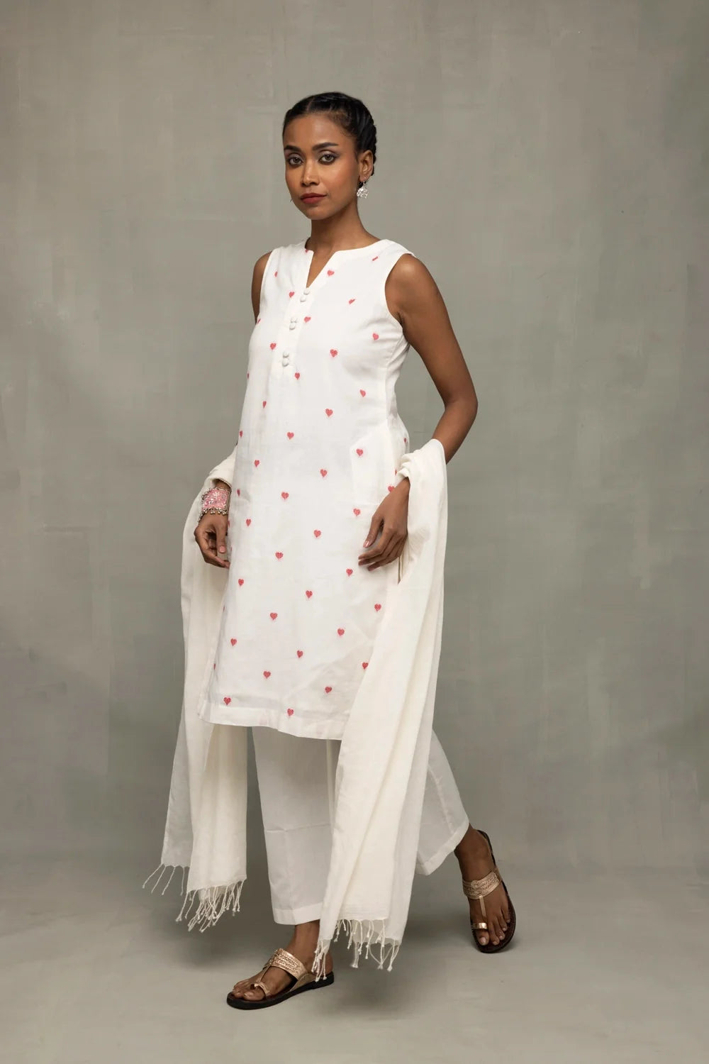 Elegant White Red Hearts South Cotton Kurta Set with Dupatta for Festive Wear