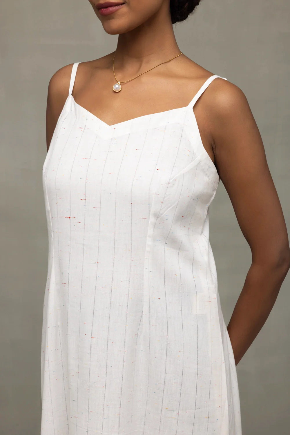 Elegant White Silver Stripe Pure Cotton Dress for Festive Wear