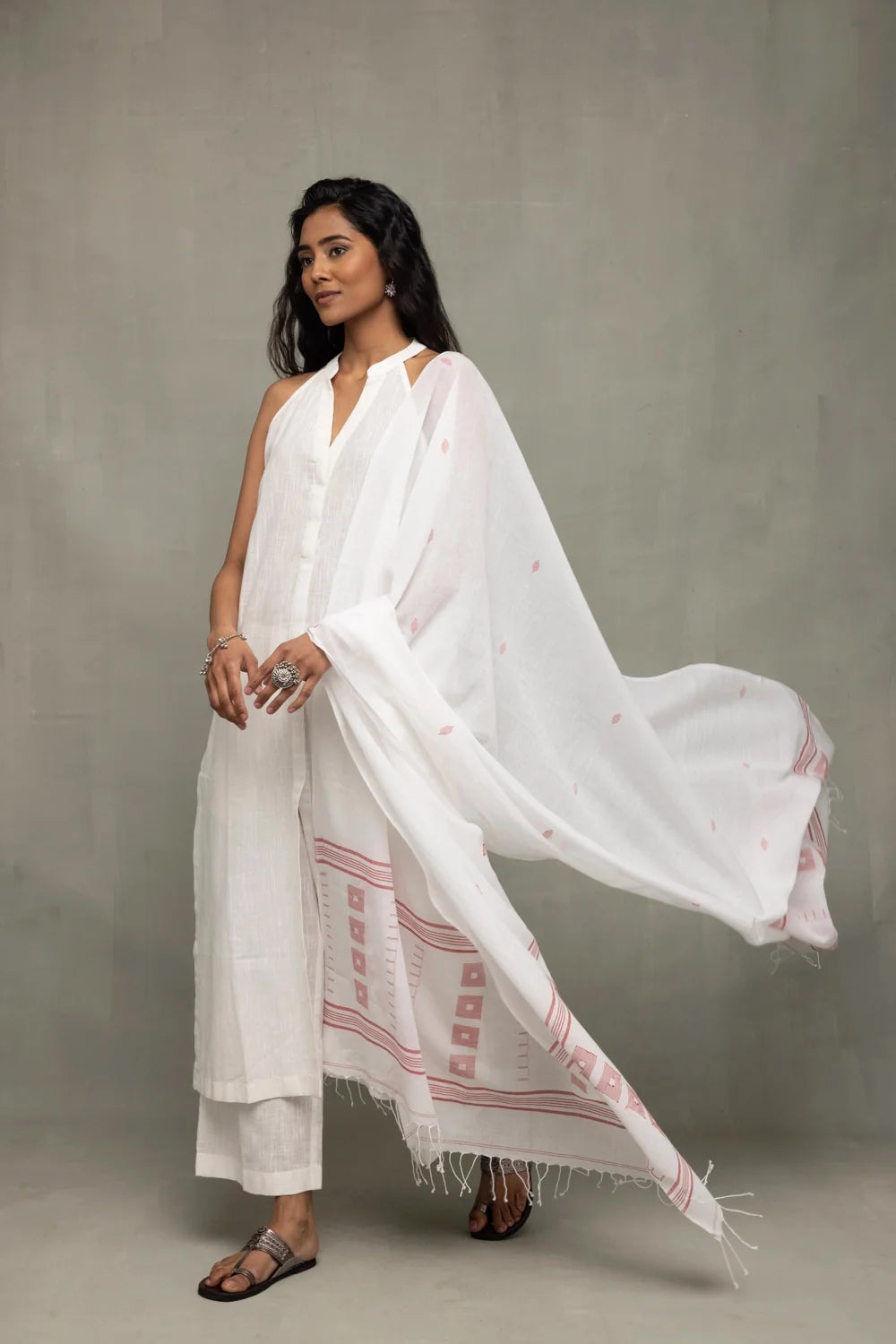 Elegant White Slub Cotton Kurta Set with Jamdani Dupatta for Festive Wear