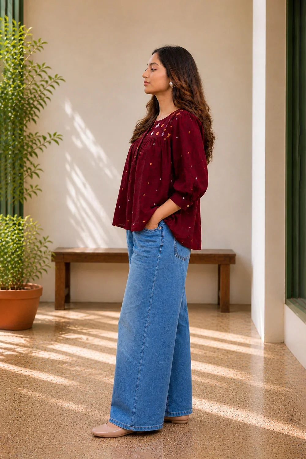 Elegant Wine Jamdani Handwoven Top for Festive and Ethnic Wear