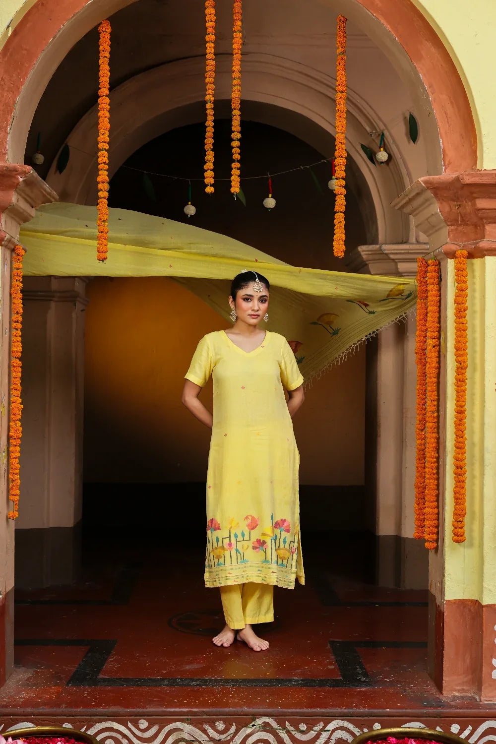 Elegant Yellow Pure Cotton Jamdani Kurta Set with Dupatta for Festive Wear
